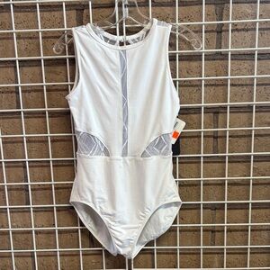 Sodanca- white leotard with lace mesh design. Has diamond cut out on back.